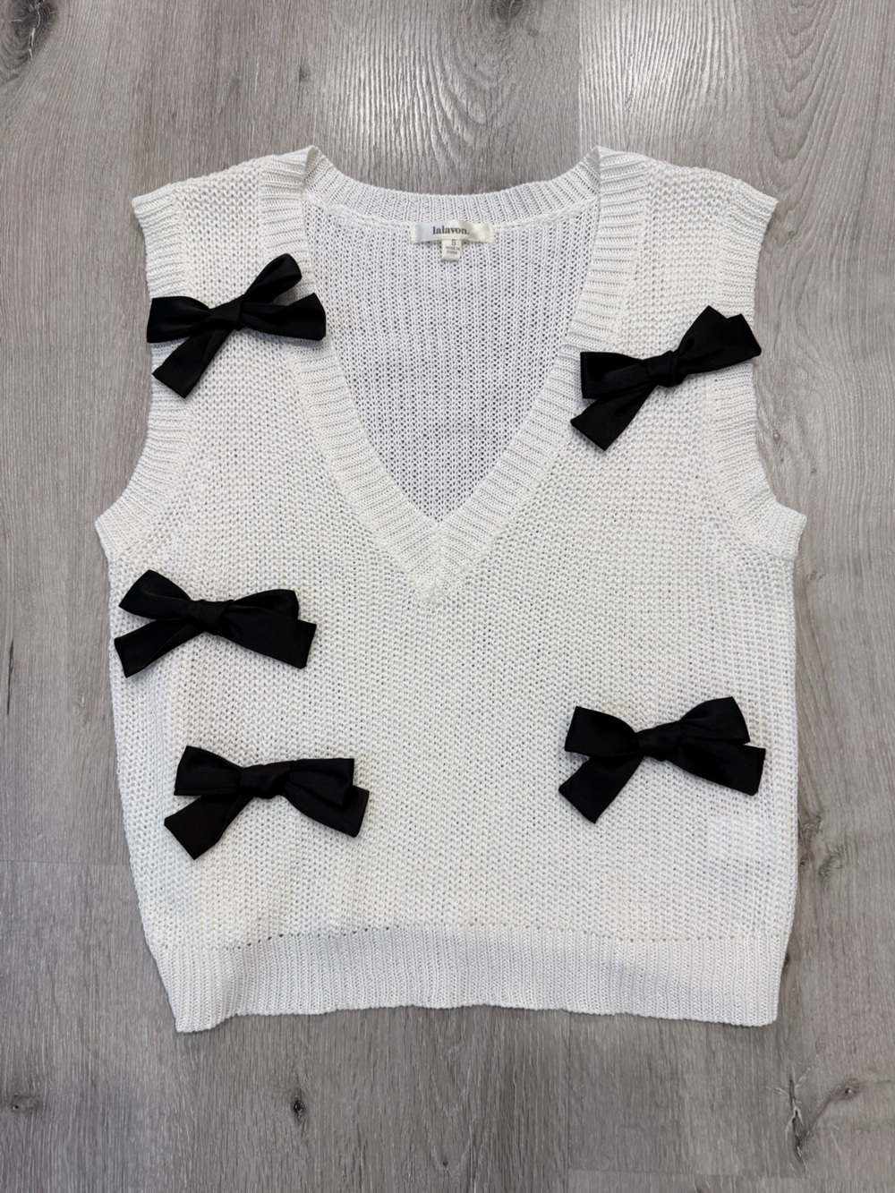 White Bow-Appliqué Knit Sweater